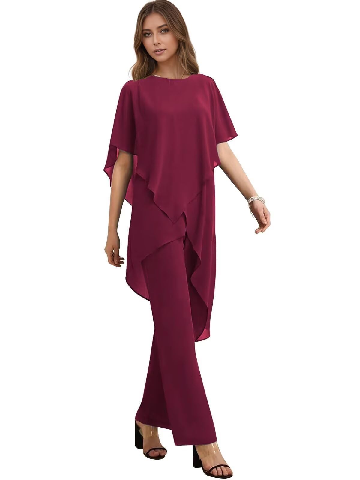 Womens 2 Pieces Mother of The Bride Pant Suits for Wedding Puffy Sleeve Chiffon Formal Evening Pantsuit Outfits