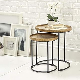 Round solid wood trays nest of 2 tables side end lamp table