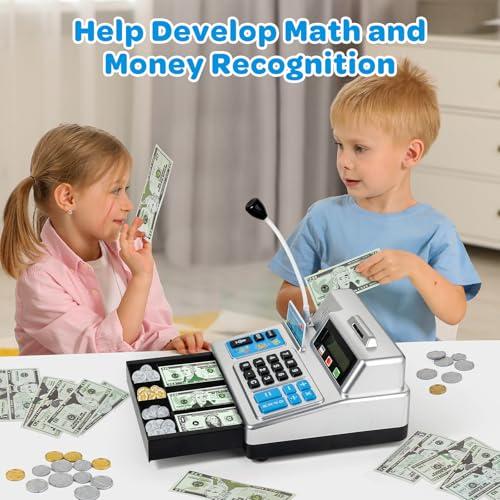 Image of Calculator Cash Register Toy Gift for Kids Age 3, 4, 5, 6, 7, 8+ Year Old, 103 Pcs Pretend Grocery Store Playset with Toy Cash, Microphone, Credit Card, Play Cash Register for Toddlers 4-8, Silvery