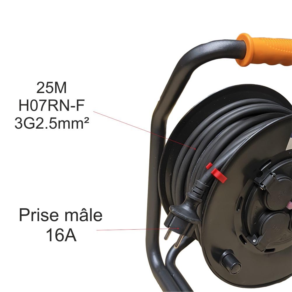 Enrouleur PRO de Chantier 3G2.5 25m IP44 Platine Fixe (Anti Twist) - Câble H07RN-F - 4 Prises 16A - Garantie 2 Ans