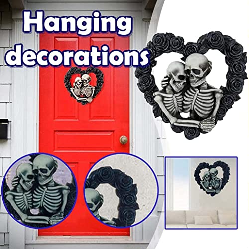 Naisicore Skull Couple Wreath Statues, 7.9Inch Resin Gothic Skeleton Lovers Embracing On Black Rose Wreath, Romantic Skeleton Sculpture For Halloween Front Door Wall Decoration #TOP2