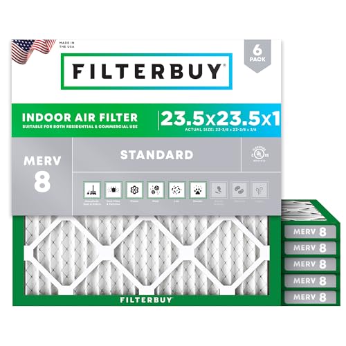 Filterbuy 23.5x23.5x1 Air Filter MERV 8 Essential Dust & Allergy Defense (6-Pack) Electrostatic Pleated HVAC AC Furnace Filters Replacement Made in USA (Actual Size: 23.38 x 23.38 x 0.75)