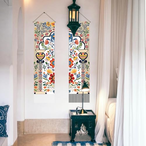 AHANDMAKER 2Pcs Boho Flower Mandala Indian Vertical Tapestry, Boho Floral Art Wall Hanging with Tassel for Living Room, Entry (45.7x13 Inch) - Image 5