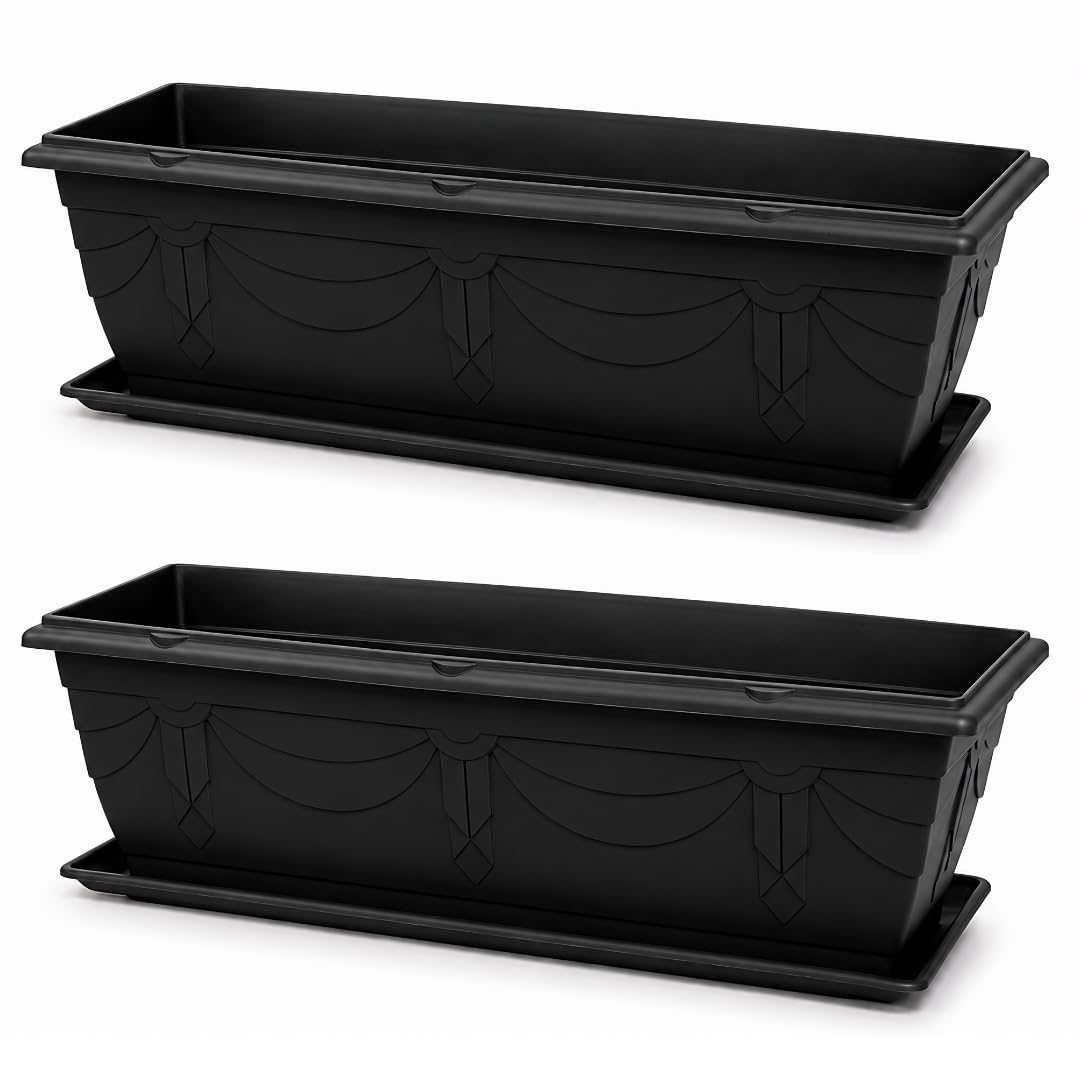 VR7 60cm Long Window Box Planter with Tray Plastic Trough Planter - Outdoor Windowsill Planter for Balconies & Gardens - Weatherproof & Frost Resistant (2 Pack) — image 1