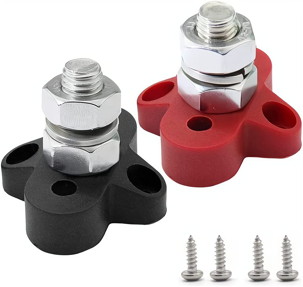SYOSI Bus Bar Power Distribution Block, Junction Block 3/8" Positive Single Power Junction Post Insulated Terminal Stud Heavy Duty 48V for Auto, 2 Pack (Red+Black)