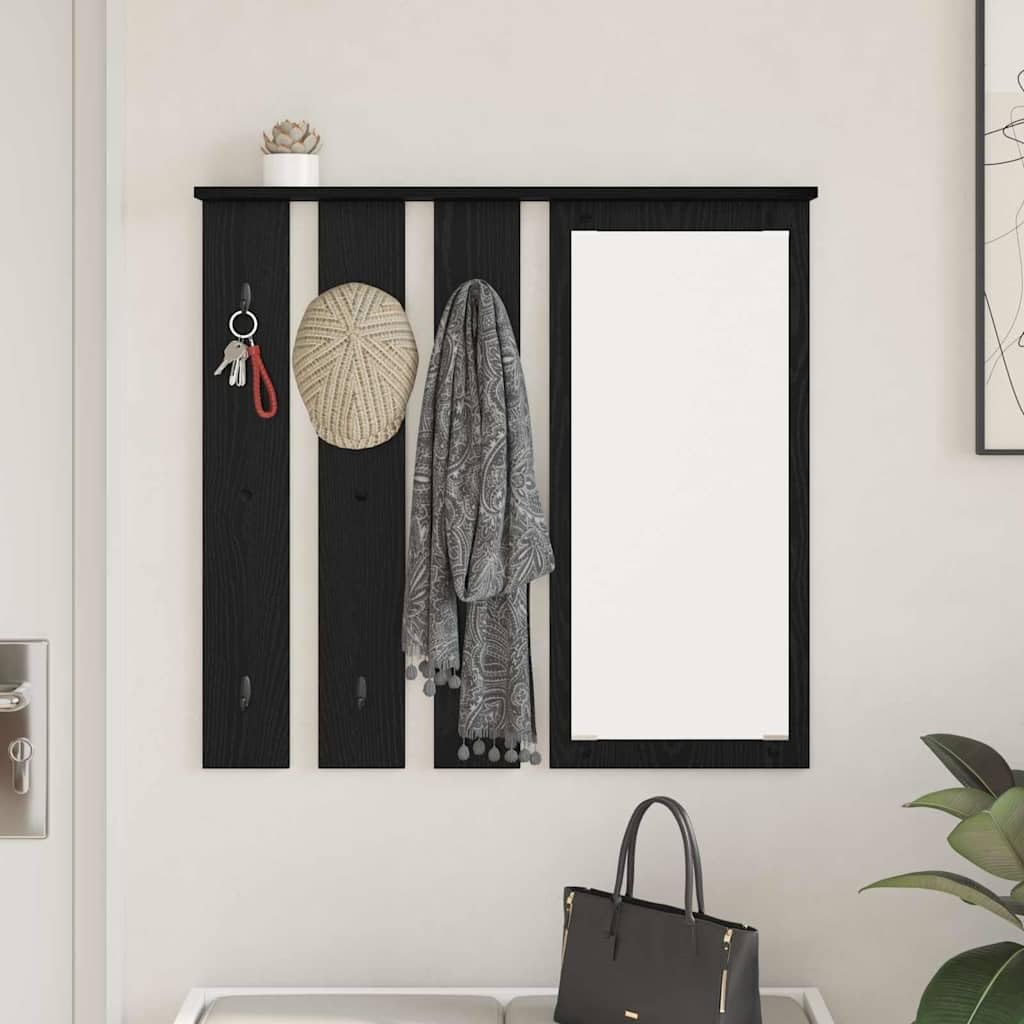 Perchero de pared con estante de roble negro 84 x 10 x 80 cm | Madera multicapa, ganchos de metal, con espejo, soporta hasta 20 kg, fácil limpieza