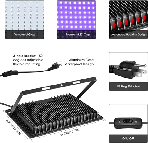 Image of YANYCN 600W 2 Pack LED Black Light 395nm to 405nm UV Blacklight IP66 Waterproof Flood Light Outdoor with Plug and Switch Neon for Party Halloween Fluorescent Poster Body Paint