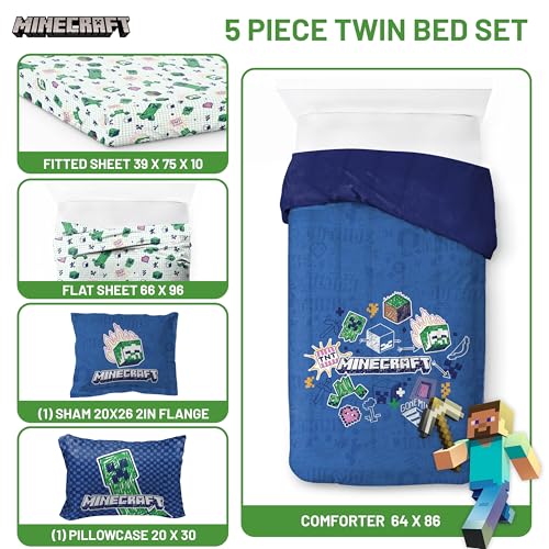 Image of Minecraft Creeper Twin Comforter Set 5 Piece Kids Bedding for Girls, Blue | Gaming, Bed in a Bag, Comforter Sheets Sham Pillowcase, Official Product, Soft Microfiber, Machine Washable, Girls Gift