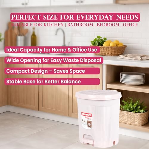 Image of MODWARE Premium Plastic Pedal Dustbin with Removable Bucket, PP Polypropylene, Hands-Free, Grey, for Kitchen, Office, College (Pink)