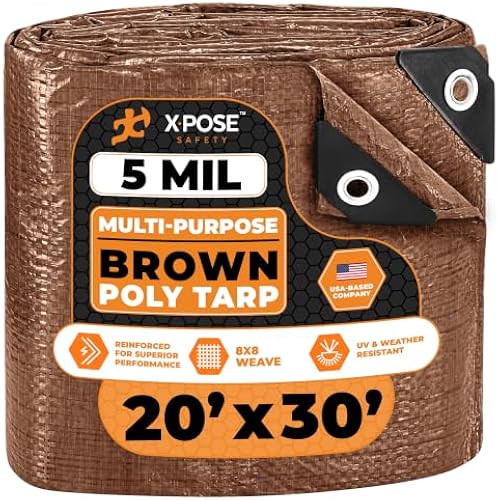 Multipurpose Protective Cover Brown Poly Tarp 20' x 30' - Durable, Water Resistant, Weather Resistant - 5 Mil Thick Polyethylene - by Xpose Safety