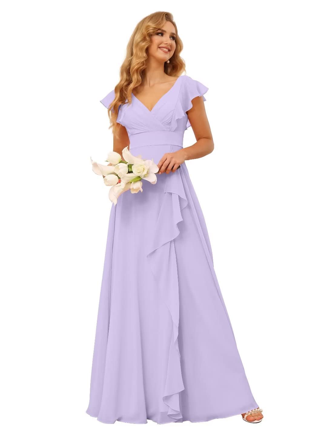 TIRASLong Chiffon Bridesmaid Dresses for Women V Neck Ruffled Split Long Formal Evening Dress