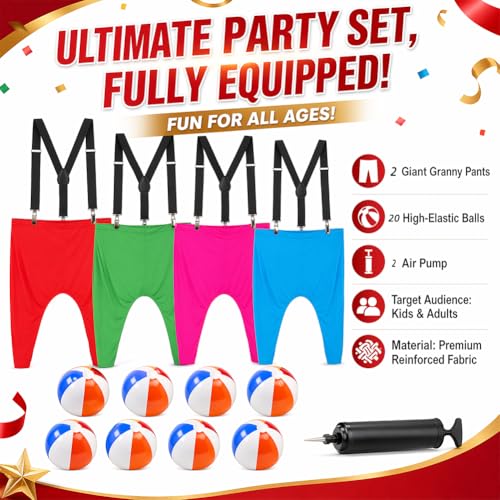 Image of Upgraded Big Pants Ball Catch Game, Granny Pants Yard Game with Suspenders | 2 Pack Granny Pants 20 Bouncy Balls 2 Pumps , Giant Outdoor Party Tossing Games -for Family Party, Field Days, Camping