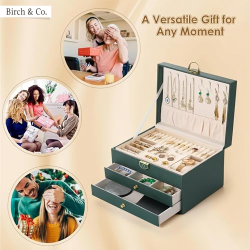 Image of Birch & Co. Jewellery Box - 3 LayerJewellery organizer storage box, Portable Travel-Friendly Storage. Elegant Storage Case for Rings, Earrings, Necklaces & Bracelets, Green