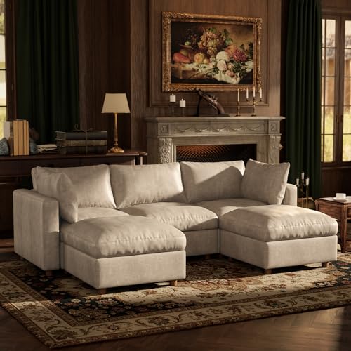 Image of 99'' Faux Leather Modular Sectional Sofa with Storage, Oversized Mid Century Modern Leather Sectional Couche for Living Room, 3 Seater Deep Seat Couch with 2 Storage Ottoman, U-Shaped, Beige