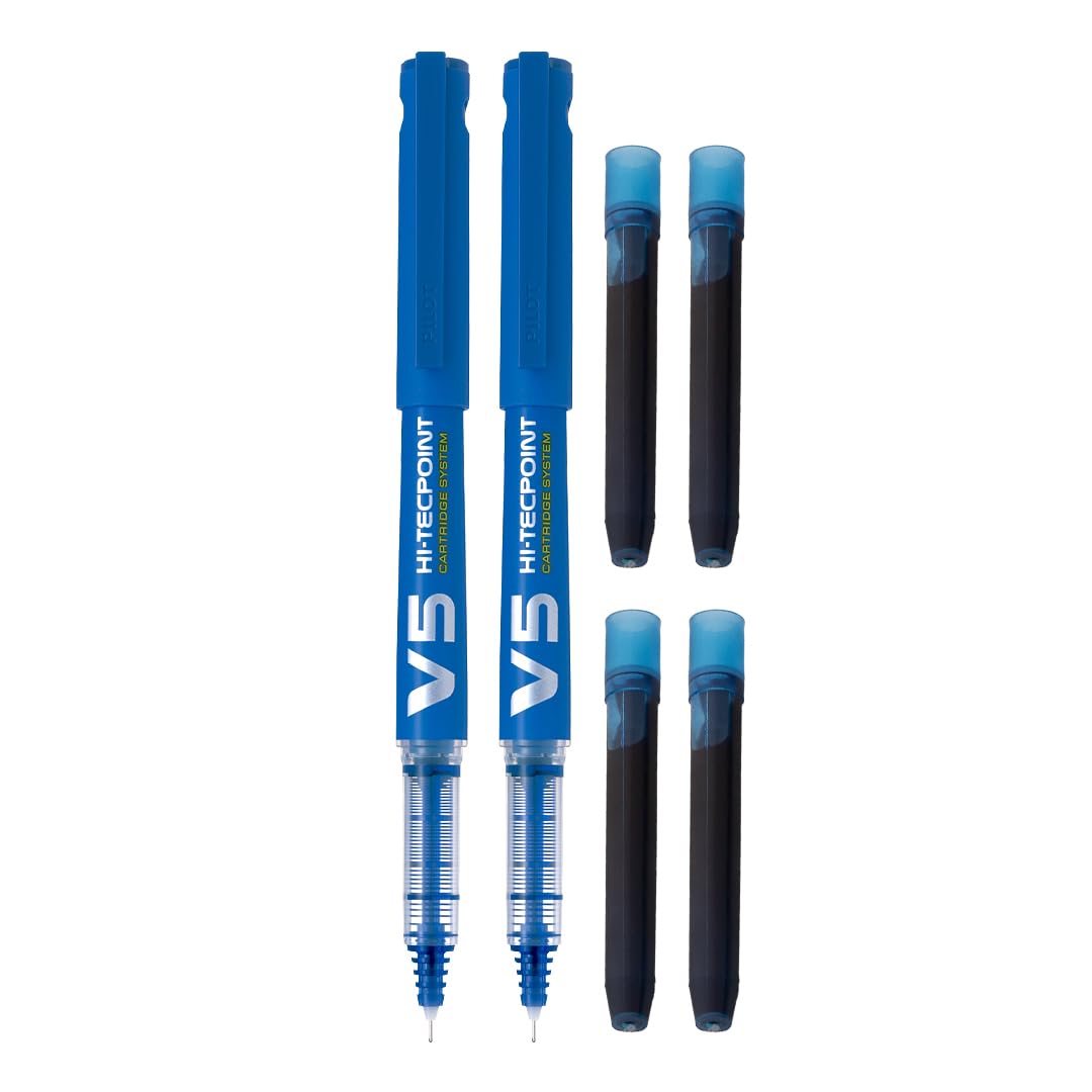 Pilot V5 Hi-tecpoint Roller ball pen with Cartridge System - 2 Blue Pens, 4 Blue cartridges-image-3