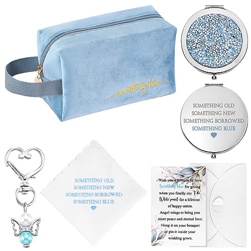 Set of 6 Something Blue Wedding Gift for Bride Wedding Embroidered Handkerchief Angel Bouquet Charm Something Blue Bridal Cosmetic Bag Diamond Compact Mirror Greenery Card with Envelope Gift to Bride