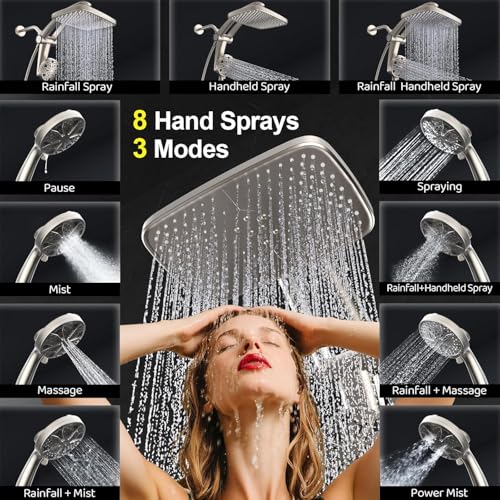 Image of 12-Inch High Pressure Rain Shower Head with Handheld Spray Combo, Magnetic | Dual shower heads; one-piece bracket adjusts height and angle; 9 settings: 8 sprays + 1 Power Jet for cleaning; easy install