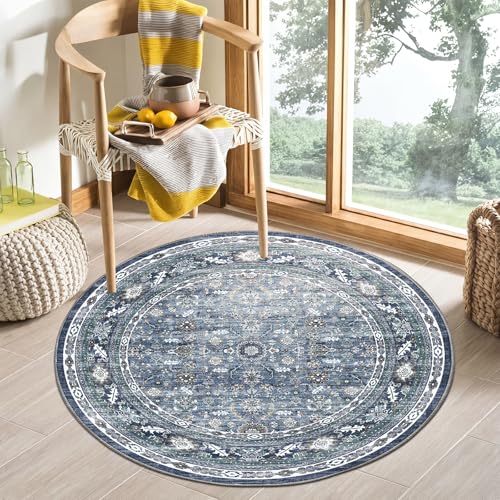 OPPODREAM Vintage Blue Round Rug 4ft, 4 ft Retro...