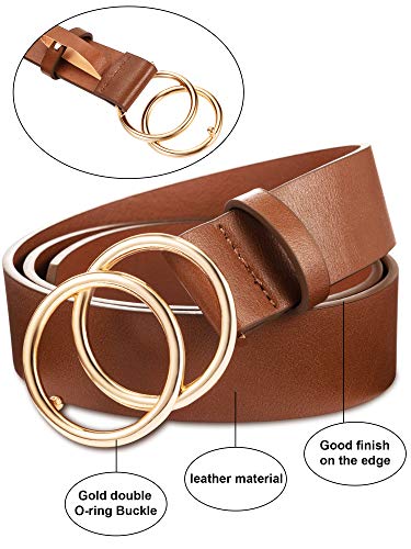 Syhood 2 Pack Women's Leather Belts For Jeans Dresses Fashion Ladies Belt With Gold Double Ring Buckle Brown Black #TOP5