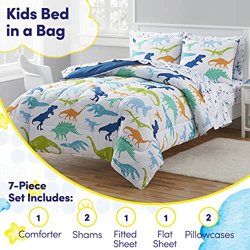 Image of Kids Bedding Set Bed in a Bag for Boys and Girls Toddlers Printed Sheet Set and Comforter , Full, Dinosaur