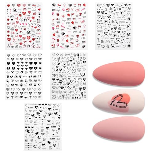 6 PCS Pegatinas para Uñas en Forma de Corazón Nail Stickers Negro y Rojo para Decoración de Uñas, Adornos San Valentín Adhesivas con Corazón Beso Labio y Rosa para Manicura DIY
