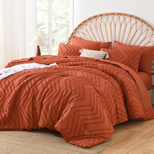 Image of Andency Queen Comforter Set Burnt Orange, 7 Pieces Boho Tufted Terracotta Bed in a Bag, Soft Fluffy Bedding Set with 1 Comforter, 1 Flat Sheet, 1 Fitted Sheet, 2 Pillow Shams, 2 Pillowcases