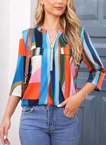 Image of Bulotus Womens 3 /4 Sleeve Tops Plus Size V Neck Zipper Business Casual Blouses for Office & Going Out Soft Knit Tunics, M-3XL
