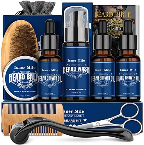 ISNER MILE Beard Growth Kit - Beard Kit with Beard Roller, Beard Growth Oil, Beard Wash, Beard Balm, Beard Brush, Comb, Shaving Scissors, Bag, eBook, Birthday Gifts for Fathers Boyfriends Dad Men Him
