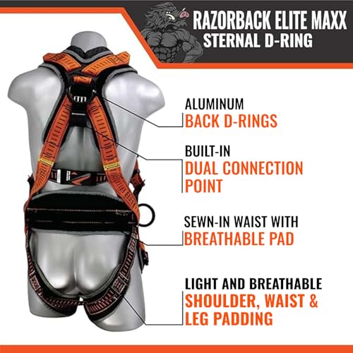 Image of Malta Dynamics Razorback Elite MAXX - Safety Harness and Fall Protection Kit with Sewn in Lumbar Support Belt and Built-in Rescue Handles for Fall Arrest, OSHA & ANSI Compliant (3XLarge)