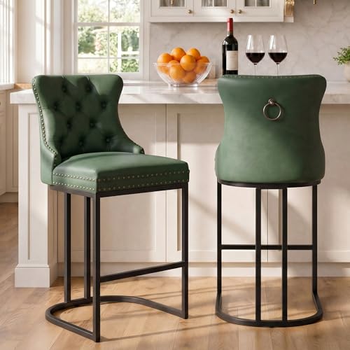 Image of UVV Counter Height Bar Stools Set of 2, 26 inch Modern Barstools with Back, Faux Leather Upholstery Counter Chairs with Metal Legs for Kitchen Island, Bar, Counter, Green