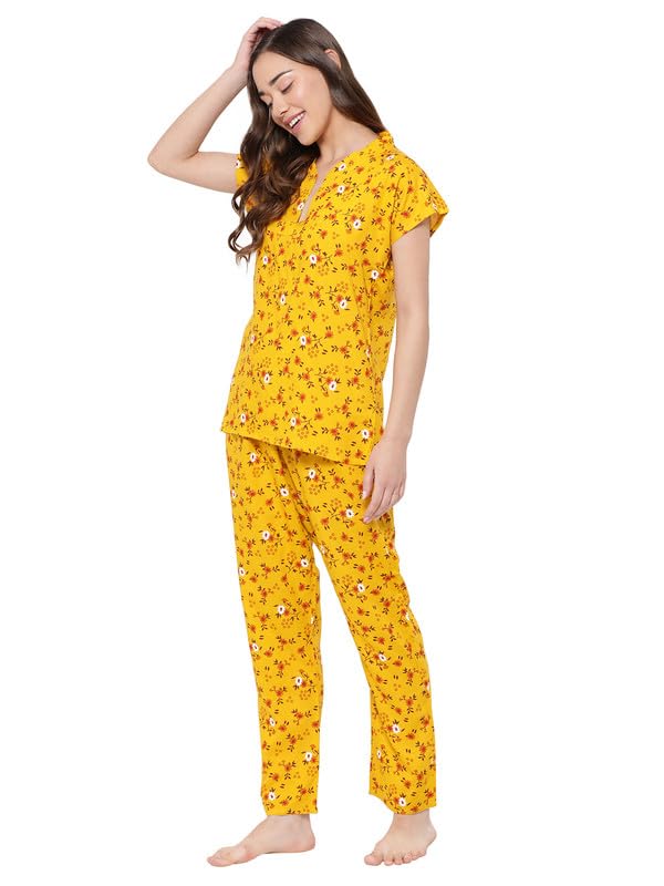 Image of Clovia Women's Rayon Printed Top & Pyjama Set in Yellow