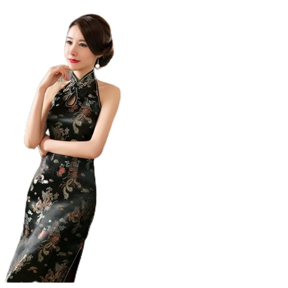 CIDCIJN Chinese Dress - Long Cheongsam Dragon Sexy Costume Halter Dress Women Dresses Chinese National Qipao for Women Party Cheongsam Wedding,Black,3XL
