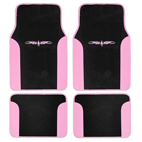 Black & Pink Car Seat Covers W/ Split Bench & Light Pink Two Tone Carpet Floor Mats Full Set #TOP5