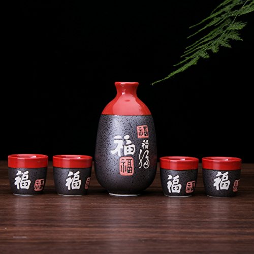 Glazed Ceramic 5 Pcs Japanese Sake Set Chinese Calligraphy Fu (Fortune)