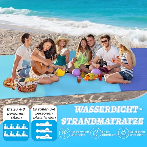 KufaerBeam Stranddecke Sandfrei 210x200 cm, Ultraleicht & Wasserdicht XXL-Strandmatte mit 4 Befestigung Ecken, Wasserdicht Strandmatte, Picknickdecke mit Tragetasche für Strand, Camping & Outdoor