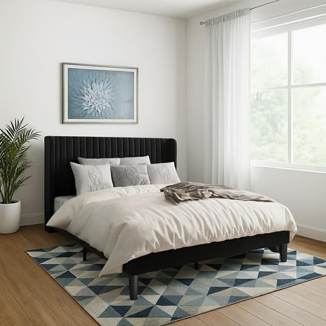 Image of Metal Upholstered Bed King Size Without Storage | Wooden King Size Cot with Headboard | Double Size Bed for Bedroom | Palang Furniture for Guest Room & Hotels, Black, (Black)