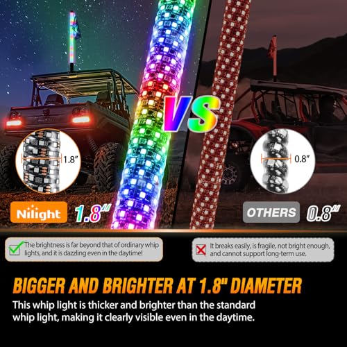 Image of Nilight LED Fat Whip Light 1PC 3FT RGB Lighted Antenna Whips with Remote & App Control DIY Chasing Patterns Brake Reverse Lights for ATV UTV Polaris RZR Can-am Dune Buggy Pickup Trucks Jeep