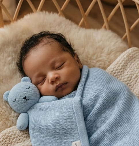 Image of Baby Gift Set - Organic Cotton Newborn Blanket and Lovey Security Blanket Set, Baby Boy, Blue Gifts, Best Gaby Gifts, Cute Ideas (Lovey - Bear - Sky Blue)