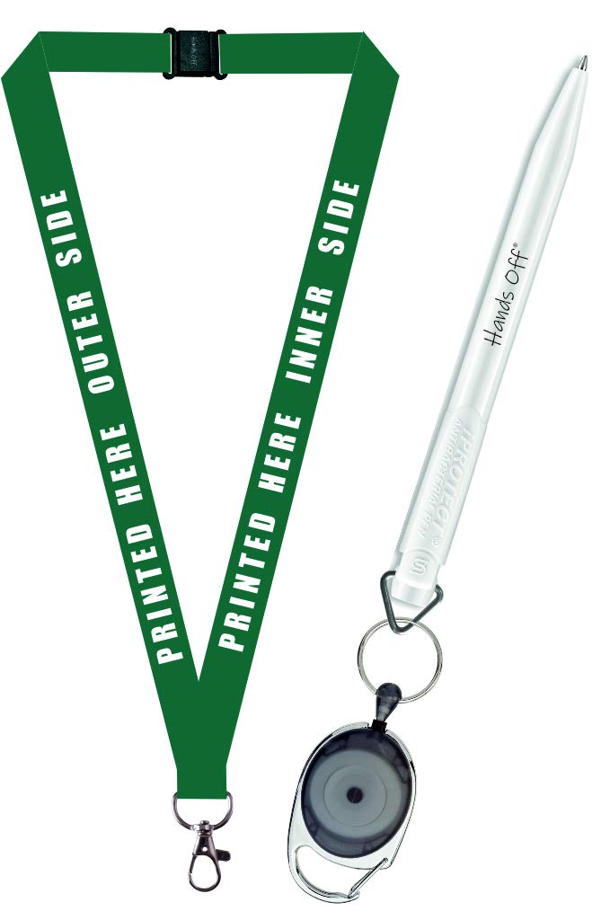 Personalised Lanyard X 1 Comes with Antibacterial Pen and Retractable Keyring for Back to School Kids, Teachers and Nurses etc (Hands Off ®) (Green)