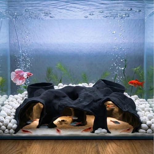 Large Aquarium Tunnel & Cave (9.5 L) 3D Printed Substrate Viewer Fish Hideout with Wide Top Entrances Tank Decor for Small Fish Corydoras Betta & Shrimp - Set with 3 Mini Accessories(Black)