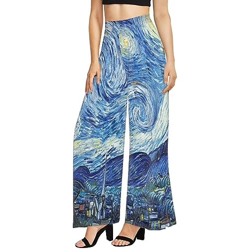Irisjudy Womens Casual Wide Leg Long Lounge Pant Trousers, Monet Art Elastic High Waisted Palazzo Trousers Plus Size Clubwear