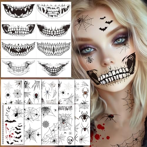 18 Blatt Halloween Tattoo Gesicht, Mund Skelett Spinnen Zombie Tattoo Halloween, für Haloween Kostüm Damen Makeup