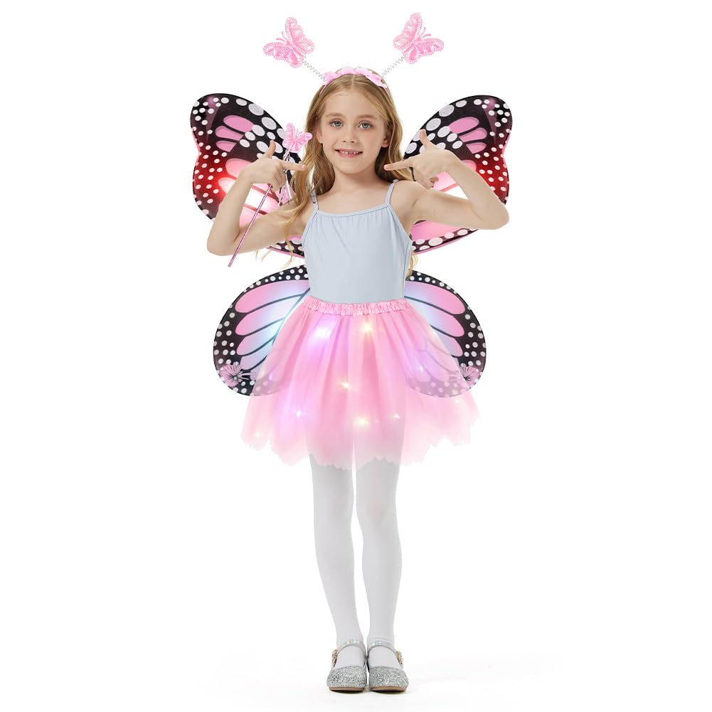 Alaoo Fairy Costume Set for Girls, 4PCS Butterfly Wing Fancy Dress Outfit with Tutu Magic Wand Headband, Glowing Butterfly Wings for Kids for Halloween Fancy Dress Christmas Party Cosplay
