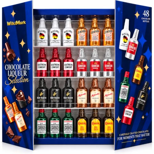 Botellitas de Chocolate Rellenas de Licor - Nueva Edición 2026 Con Nuevos Sabores - Incluye Caja Armario Botellero WikiMark. 750gr - 48 Botellitas. (Caja Armario Botellero, 48 Botellitas - 750gr)