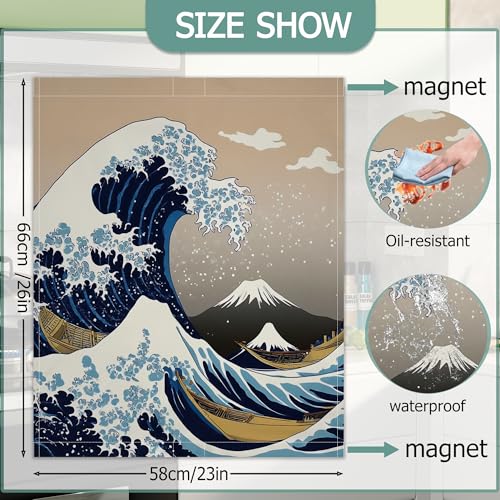 Image of Dishwasher Magnets Decorative Cover,Japanese Sea Wave Refrigerator Magnet Cover,Washable Vintage Boats Dishwasher Front Panel Cover Home Kitchen Decoration 23x26 Inch