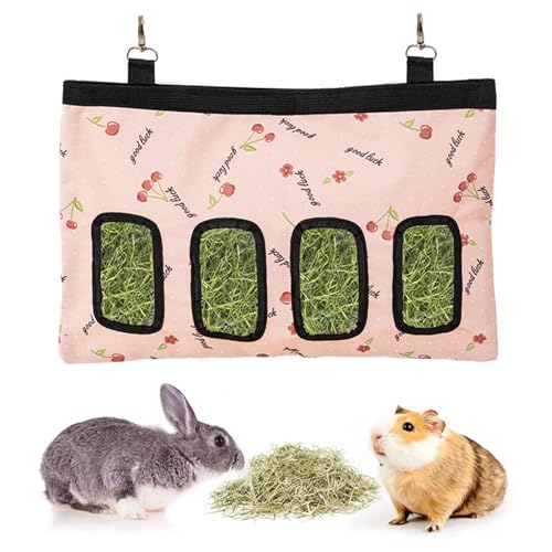 rabbit hay feeder bag large capacity rabbit hay bag small animal hanging hay bag 600d oxford cloth bunny hay feeder bag for rabbits guinea pigs chinchillas pink-4 holes-1pcs