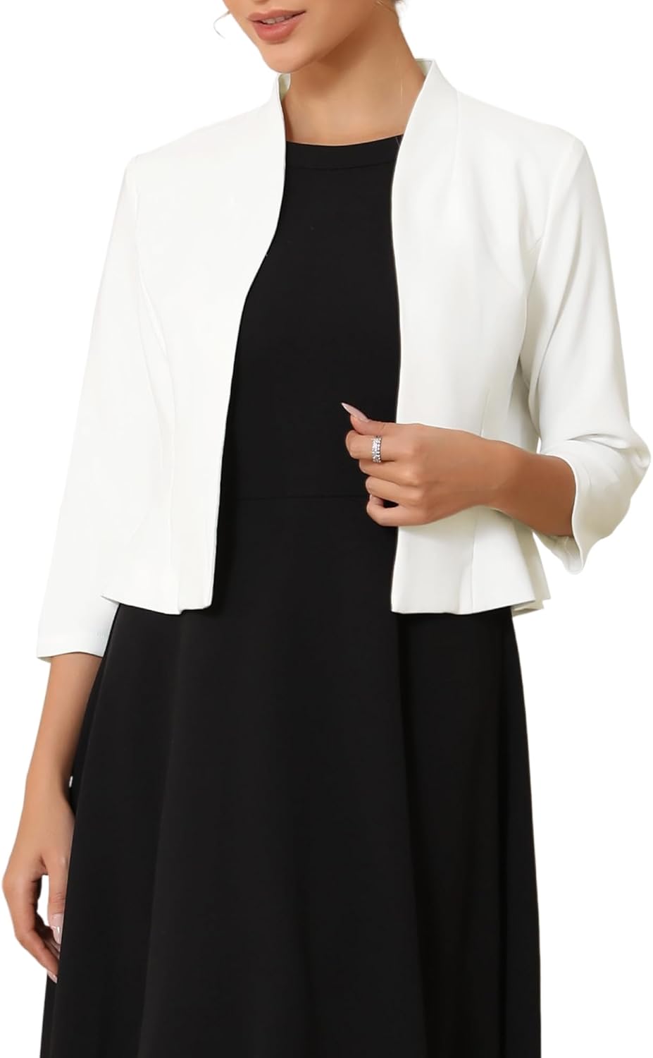 Women's Collarless Blazer Open Front Short Sleeve Evening Formal Cardigan Jacket