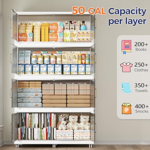 Image of 200 Gallon Extra Large Collapsible Storage Bin with Lid, 960QT Stackable Plastic Organizer with 6x Wheels, Foldable Drawer Cabinet for Closet, Living Room Office, Kitchen 4Pack, White