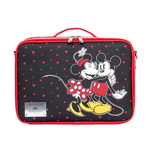 Impressions Vanity Disney Mickey and Minnie Makeup Organizer Bag with Adjustable Dividers, Handheld Cosmetic Bag with Badge Holder, Cosmetic Travel Bag with Detachable Strap