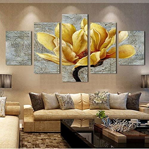 WKqifeil 5 Panels Zen magnolia flower Yellow Golden Flower Orchid canvas Wall Art Picture Home Decor Poster Print Pictures Paintings Canvas Wall Art Painting Pictures No Framed W150cm*H80cm